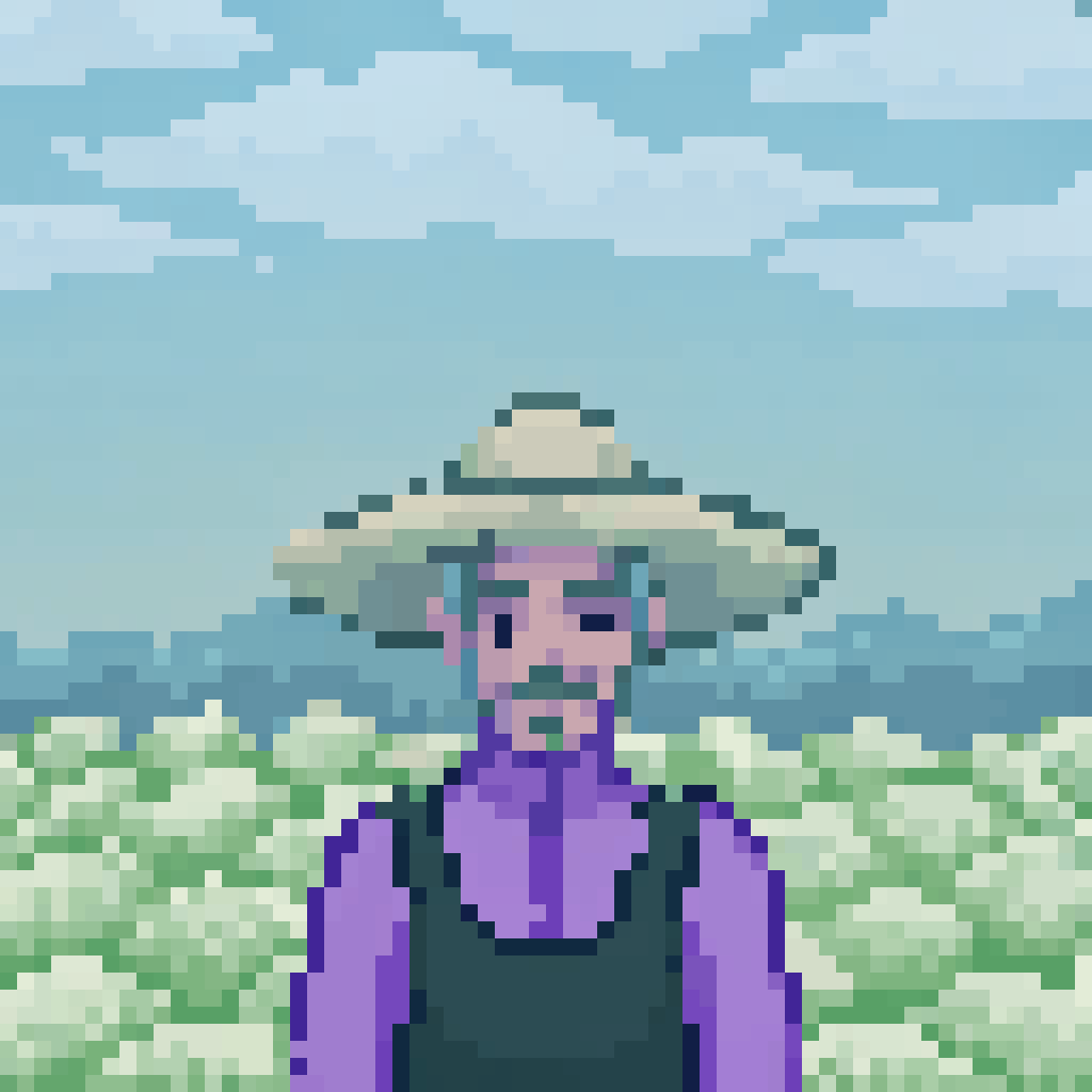 AI generated image by Red Panda AI: Un granjero hombre, con pelo gris, ojos morados, traje de granjero morado y negro, un sombrero mexicano, con una granja de fondo y cultivos.