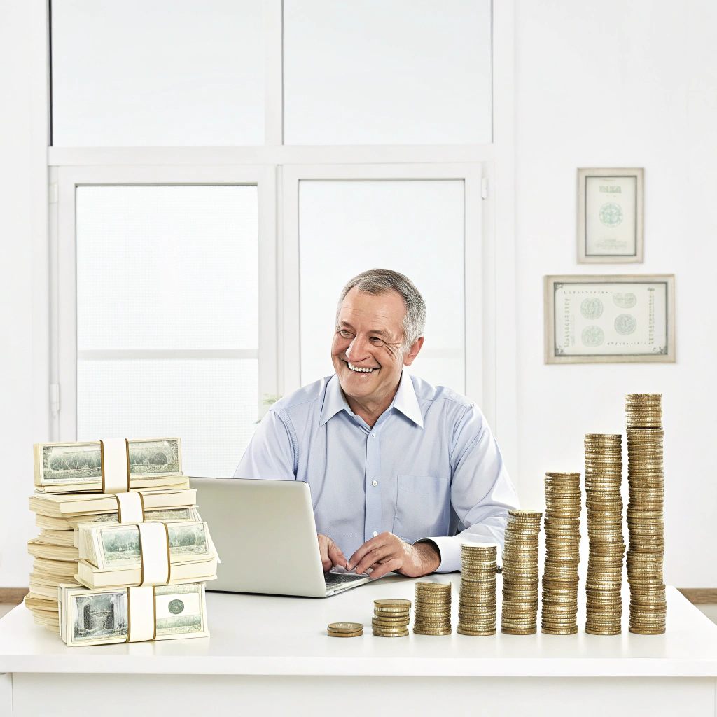 AI generated image by Red Panda AI: Create a minimal photo-realistic image on a light background for a Yahoo feed ad about a middle-aged white man sitting at a desk surrounded by stacks of neatly arranged dollar bills and coins, showcasing the concept of money compounding. The man is smiling, appearing content and successful, in a well-lit room. The image conveys the themes of financial growth and prosperity, capturing attention with an air of abundance and wealth management.