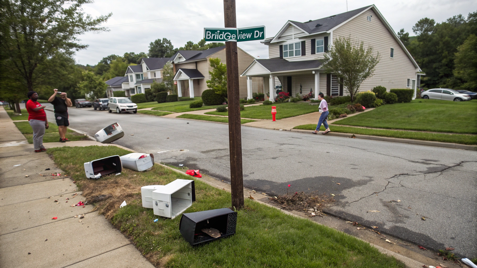 AI generated image by Red Panda AI: Six Smashed mailboxes in front of houses, street sign on the corner says Bridgeview Dr