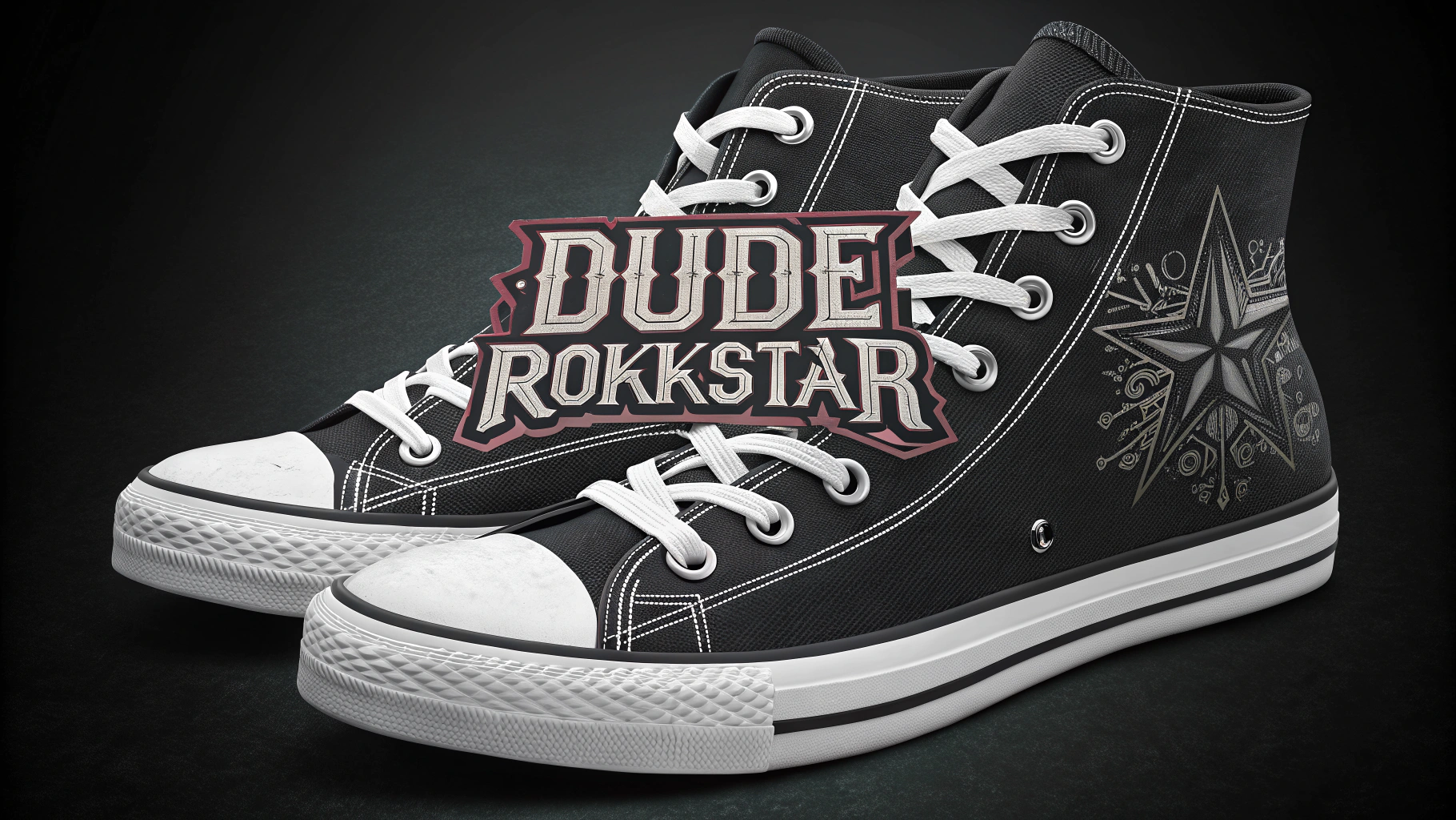 AI generated image by Red Panda AI: "Dude Rokkstar" logo using a heavy metal font, bold, strong, powerful, on canvas sneakers like Converse hitops