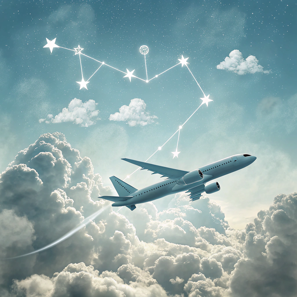 AI generated image by Red Panda AI: 飛機飛過，雲朵是水瓶座的圖案
