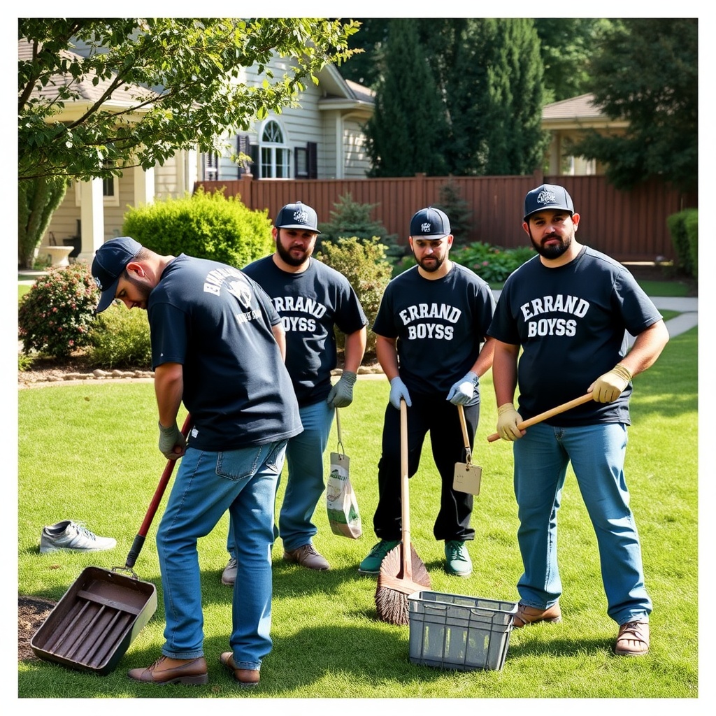 AI generated image by FLUX.1-schnell: Create an image of 4 or 5 Christian gang members, working in a nice yard doing yard work. Dress them in typical gang clothing, with the name "Errand Boys" on it.