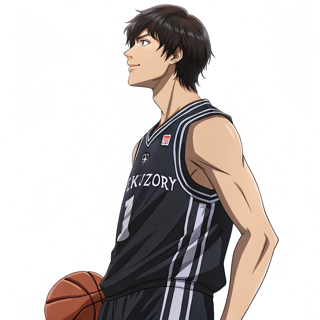 AI generated image by Red Panda AI: A handsome 18-year-old young man with an androgynous appearance, 1.70 m tall, with the athletic build of a perfect basketball player with defined muscles. Blood-red eyes, night-black hair, anime-style smiling with an arrogant smile. He wears a dark black basketball jersey with white stripes down the sides and in the center of the jersey is the name Kuzuryū.