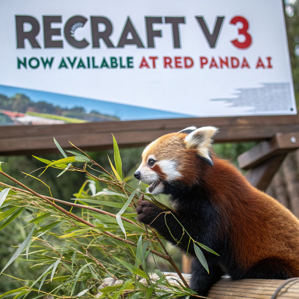 AI generated image by Red Panda AI: a red panda eating a bamboo in front of a poster that says "recraft V3 now available at red panda ai