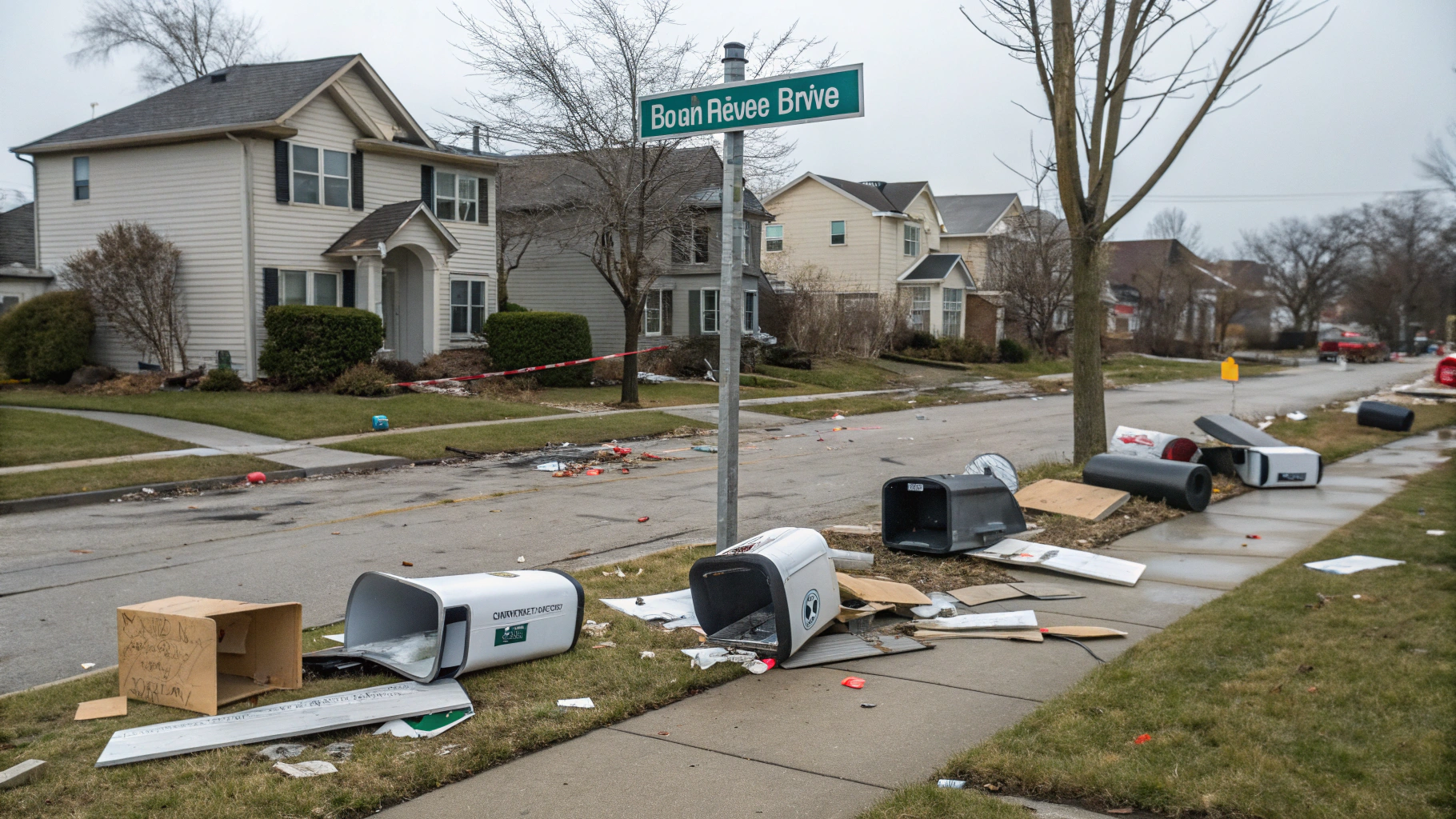 AI generated image by Red Panda AI: Smashed mailboxes in front of houses, streetsign says Bridgeview Dr