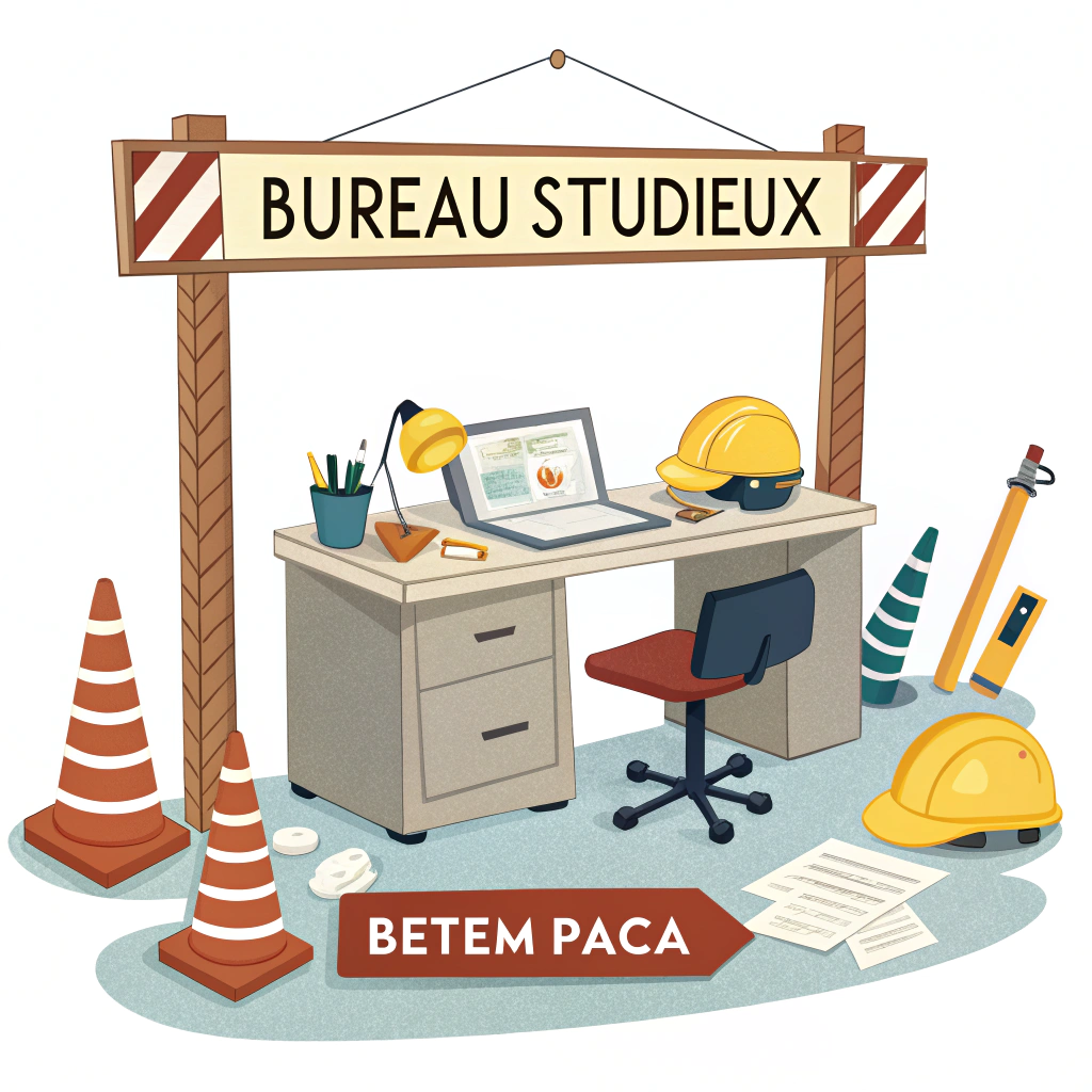 AI generated image by Red Panda AI: Créer une image pour coller à notre bureau qui est un "bureau studieux" écris le sous le ton humoristique, sous le ton du BTP/construction. Avec le nom de bureau "BETEM PACA".

Super et je veux que tu rajoutes en haut de l'image "Bureau Studieux".
