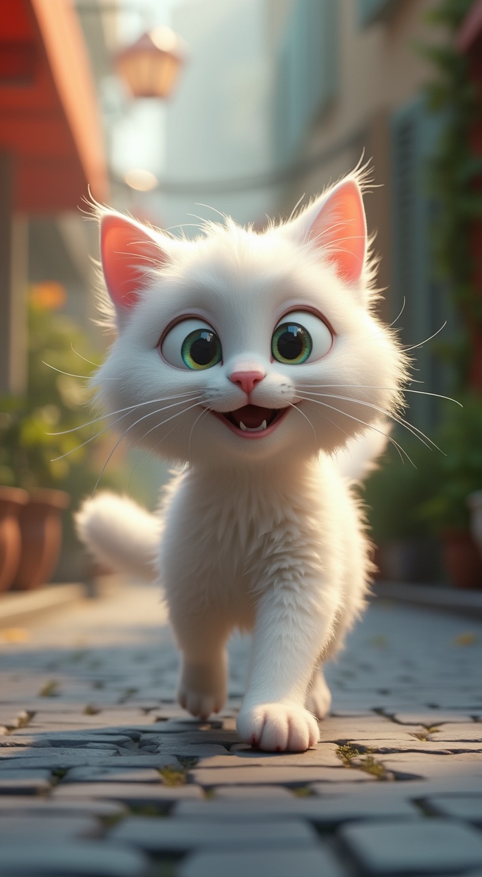 AI generated image by FLUX.1-pro: a cute white cat walk on street. 3d pixar style
