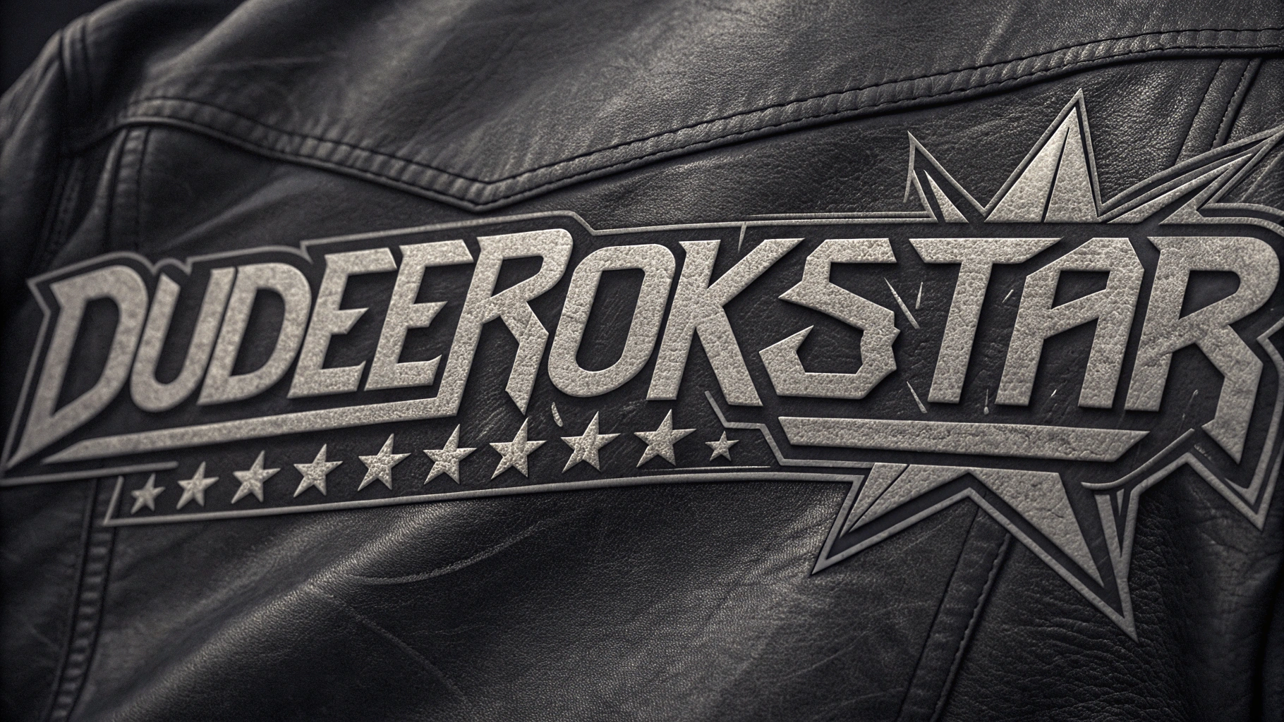 AI generated image by Red Panda AI: "Dude Rokkstar" (spelled DudeRokkstar) logo using a heavy metal font, bold, strong, powerful, as a patch on a leather jacket