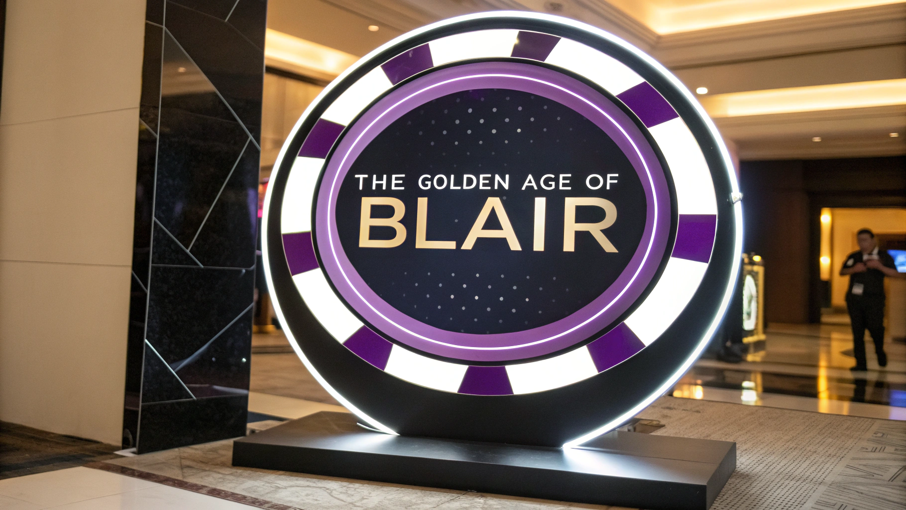 AI generated image by Red Panda AI: sign reads "The Golden Age of Blair", iconic, classic, powerful, futuristic, high tech, modern, color motif is purple and white and black