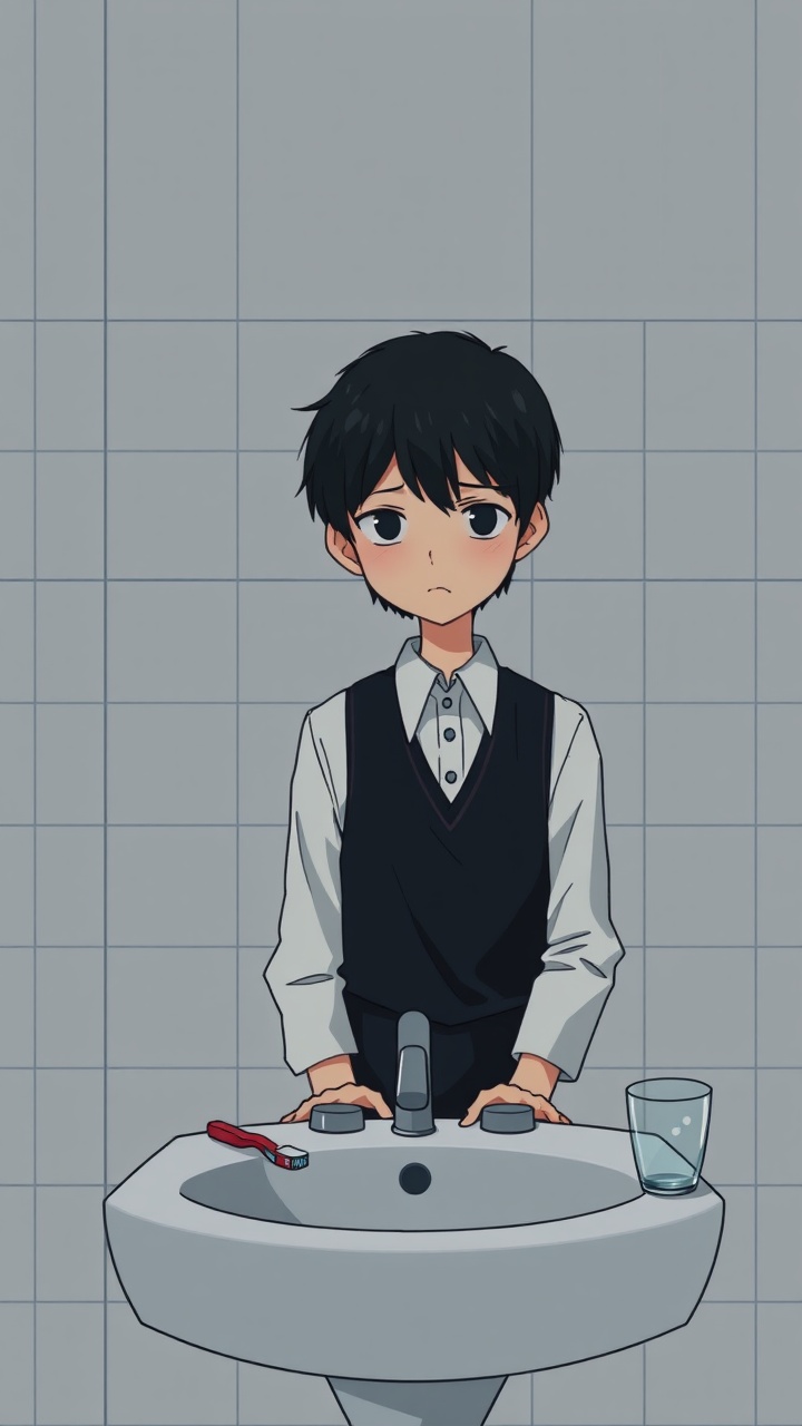 AI generated image by FLUX.1-schnell: Omocat's omori game artstyle, The image depicts a young person standing behind a bathroom sink, their expression somber. Their dark hair is neatly styled, and they are dressed in a white shirt with a dark vest. The tiled walls behind them are plain and featureless, creating a sense of isolation. The only other elements in the scene are a toothbrush and a glass on the counter, suggesting a routine that the individual may find difficult to engage in. The overall mood of the image is melancholic, hinting at a sense of loneliness or sadness. The subdued colors and minimalist composition further contribute to the somber atmosphere.  The image leaves room for interpretation, inviting viewers to consider the inner thoughts and feelings of the subject.