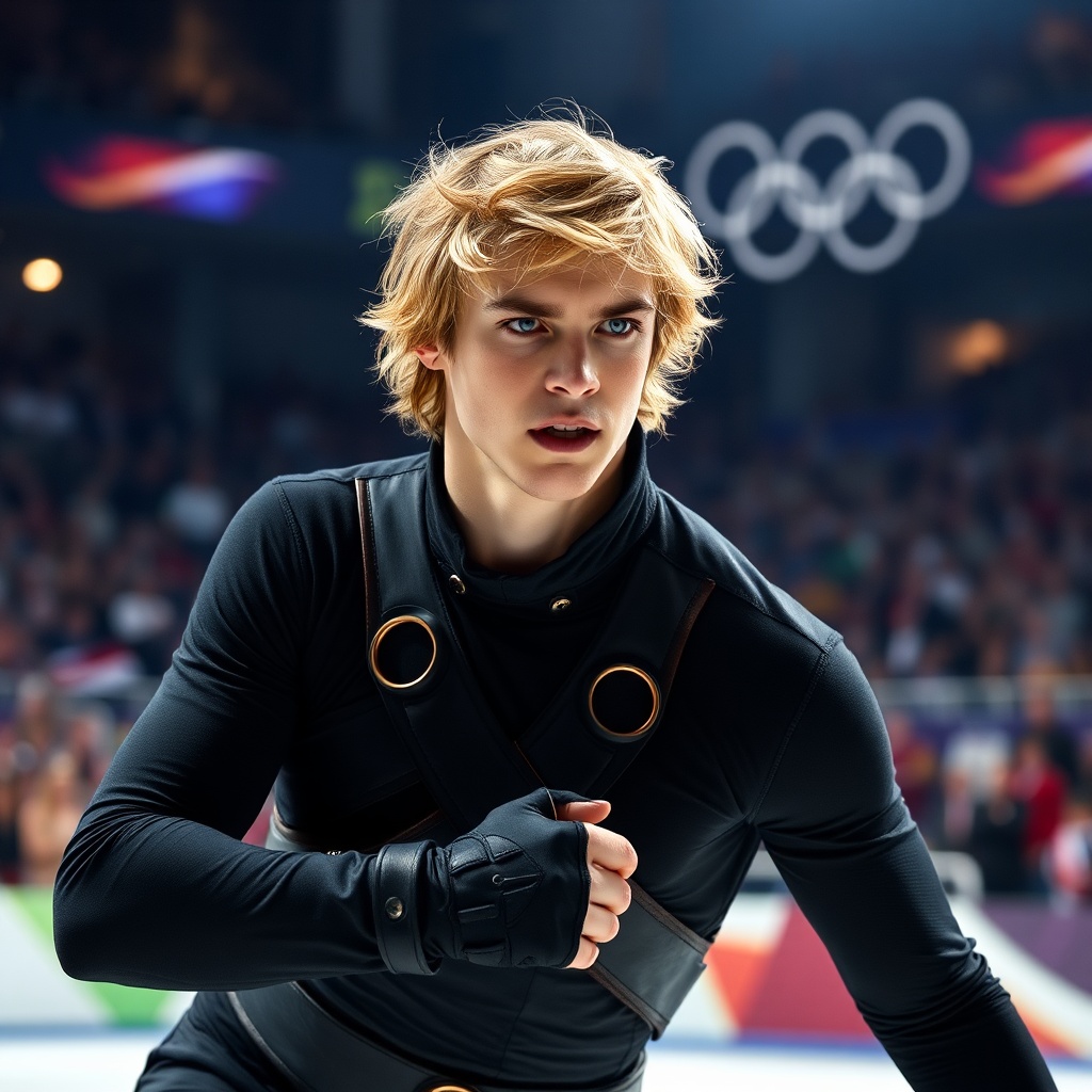 AI generated image by FLUX.1-schnell: A male figure skater with dirty blonde short-medium length hair competing at the Olympics in front of a crowd of millions of people. He is wearing a black Zorro costume with red highlights, and is in an ominous stance with an intimidating look on his face.