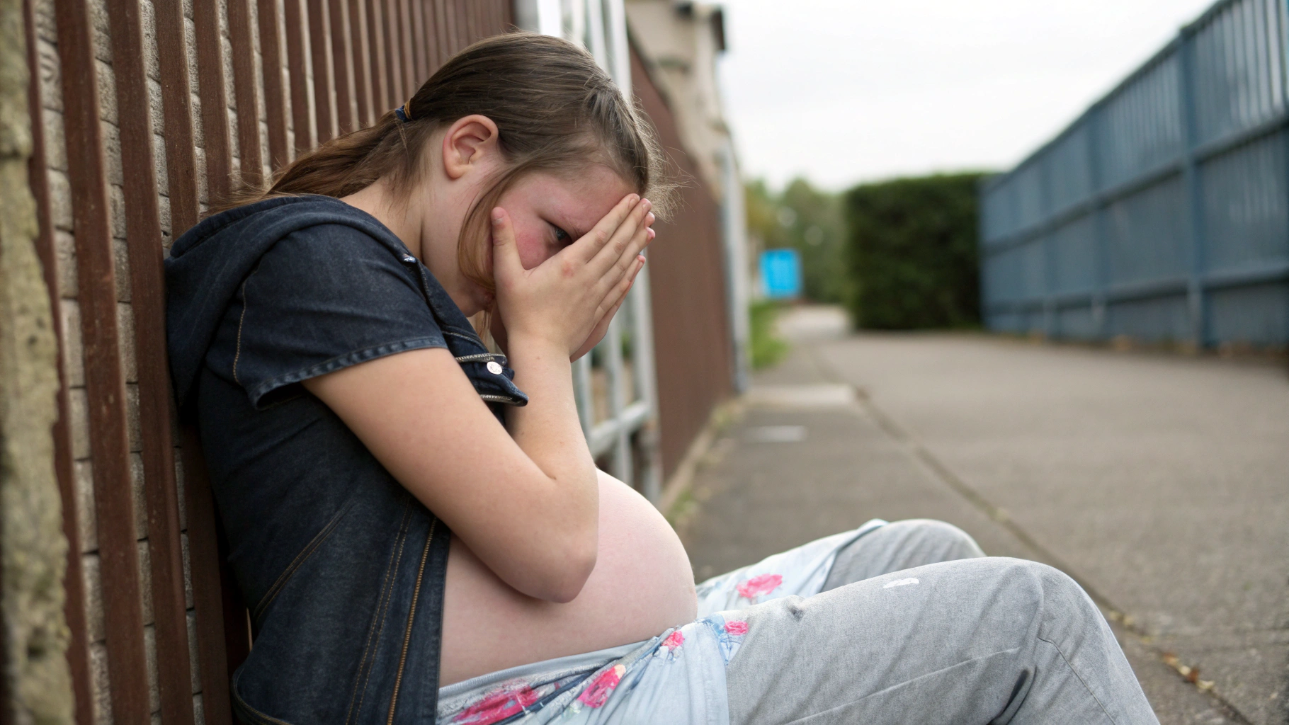 AI generated image by Red Panda AI: la imagen de una muer adolescente de aproximadamente 14 años en avanzado estado de gestación que se pueda ver la piel de su barriga y llorando con las manos sobre su rostro 