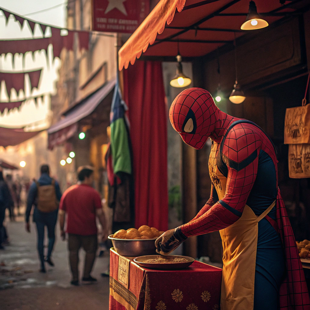 AI generated image by Red Panda AI: A vibrant and cinematic scene of spiderman in a colorful outdoor market, wearing a traditional apron and engaging in a humorous activity like selling food. The setting features warm lighting, rich and saturated colors with a focus on red, yellow, and earthy tones. Background elements include busy market stalls, hanging fabrics, and people walking by, creating a lively and authentic atmosphere. The image has a realistic yet slightly stylized aesthetic, emphasizing textures and depth, evoking a warm and bustling ambiance.