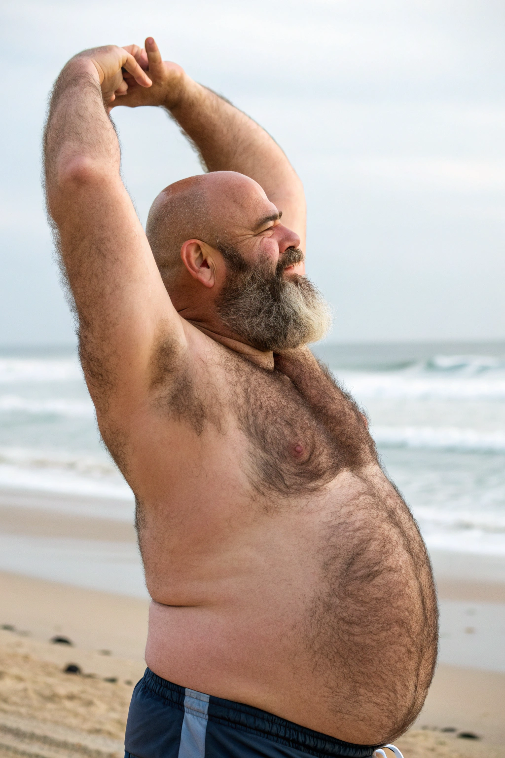 AI generated image by Red Panda AI: a bulky and slightly overweight 50 year old hirsute butcher at the beach stretching. Man has heavy amount of body hair, hairy chest pattern, expanding his bloated heavy bearded-belly, bald head, brown and white goatee