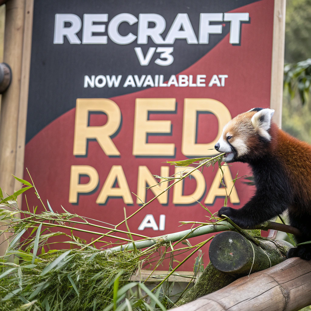 AI generated image by Red Panda AI: a red panda eating a bamboo in front of a poster that says "recraft V3 now available at red panda ai