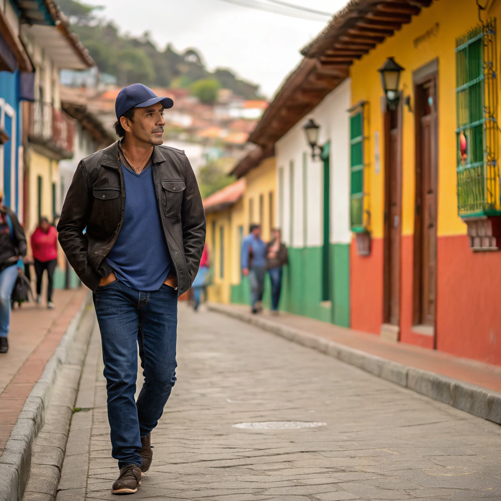 AI generated image by Red Panda AI: un colombiano caminando de costado izquierdo