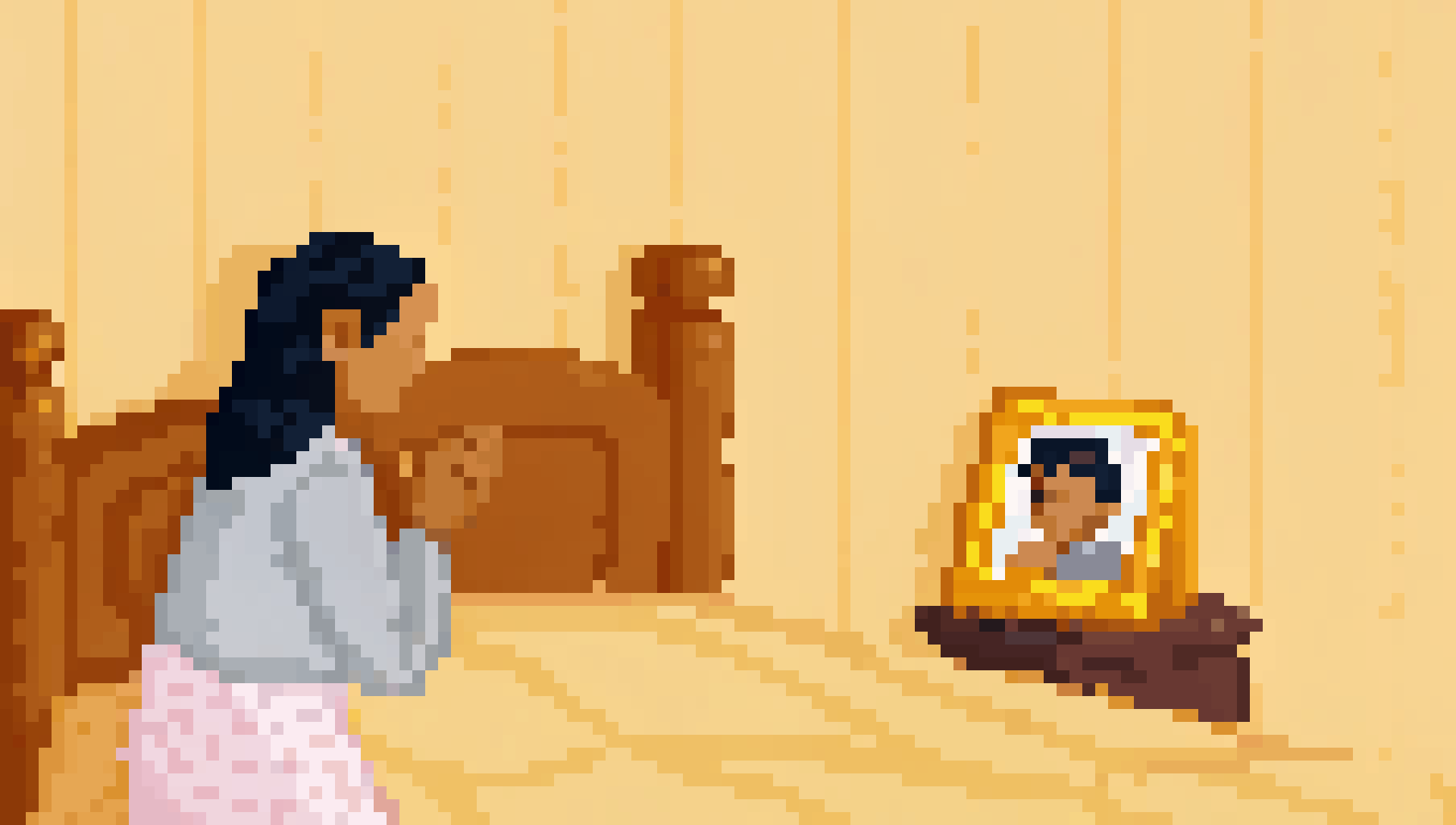 AI generated image by Red Panda AI: A Hispanic mother kneeling beside her bed at night, hands clasped in prayer, soft tears on her face, warm light, photo of her children on a nightstand, Pixar 3D style, peaceful atmosphere.