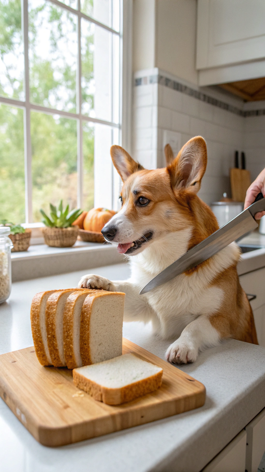 AI generated image by Red Panda AI: anthropomorphic corgi gripping a bread knife with one paw and slicing off a piece of bread from a solid loaf of bread. Nearby are slices of bread. Corgi is in an american suburban kitchen during the day. 