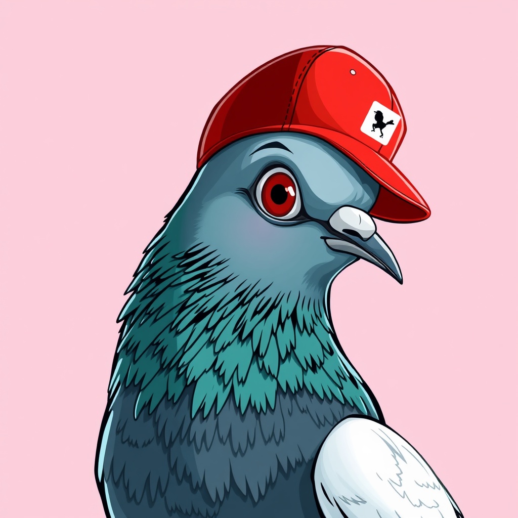AI generated image by FLUX.1-schnell: A postal pigeon with a red baseball hat on the head. Total view of the pigeon. Photorealistic cartoon style