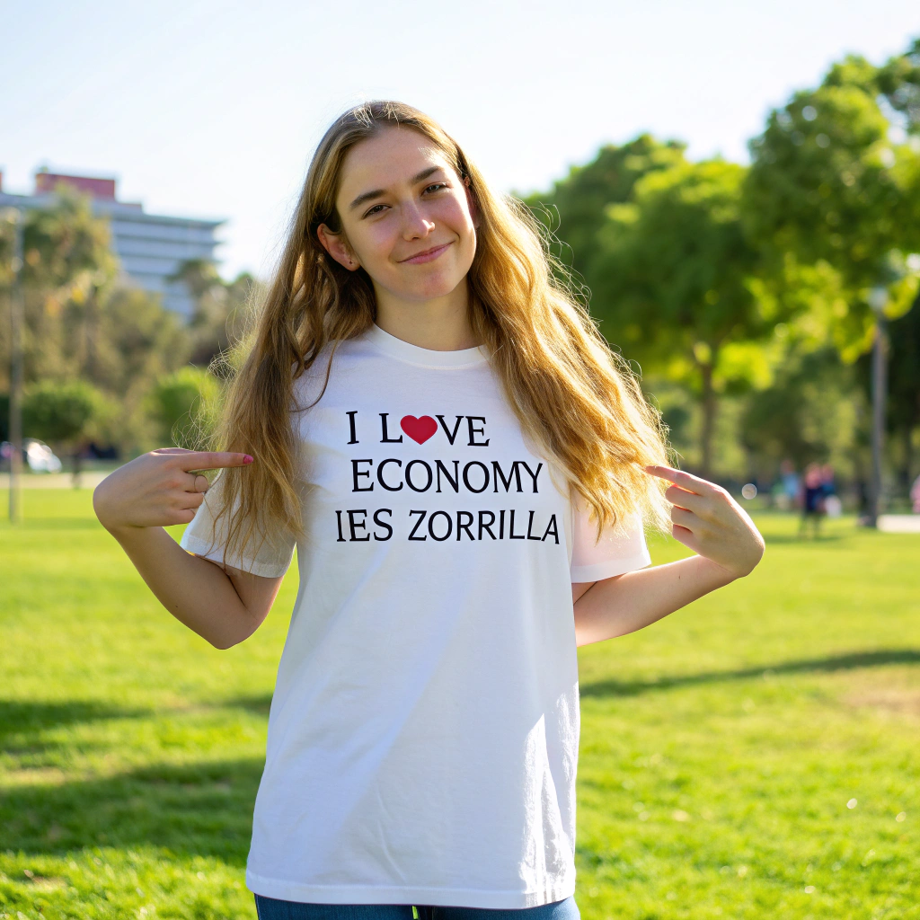 AI generated image by Red Panda AI: Una atractiva estudiante de 17 años de ojos verdes y largo pelo castaño claro ondulado nos mira mientras señala su camiseta blanca donde podemos lee"I love economy, IES Zorrilla". Esta de pie en un parque en un dia soleado