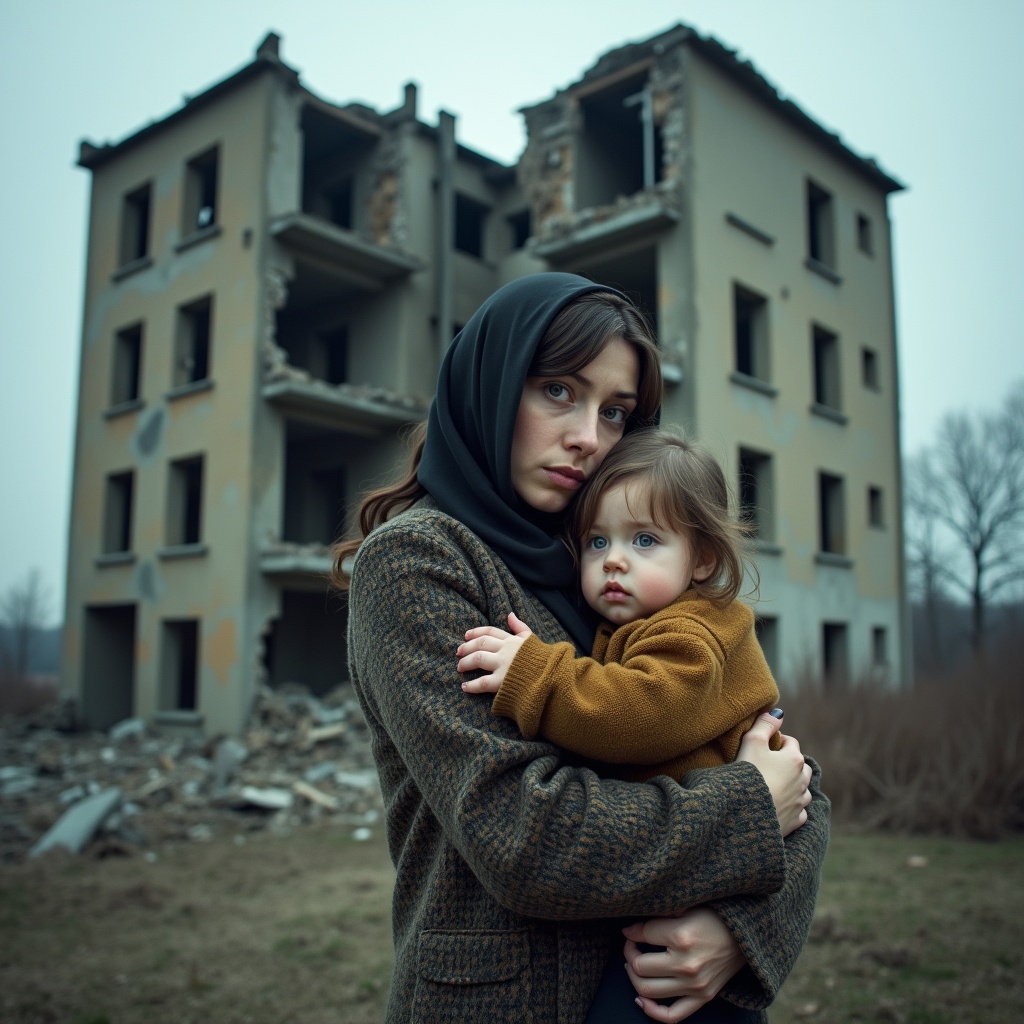 AI generated image by FLUX.1: Generate: A devastated building in the form of a Ukrainian woman hugging her little child, sad atmosphere, super HD, photographic, vibrant colors, dramatic, wide angle.