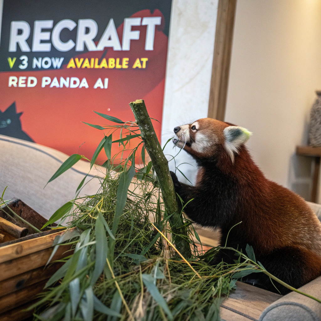 AI generated image by Red Panda AI: a red panda eating a bamboo in front of a poster that says "recraft V3 now available at red panda ai
