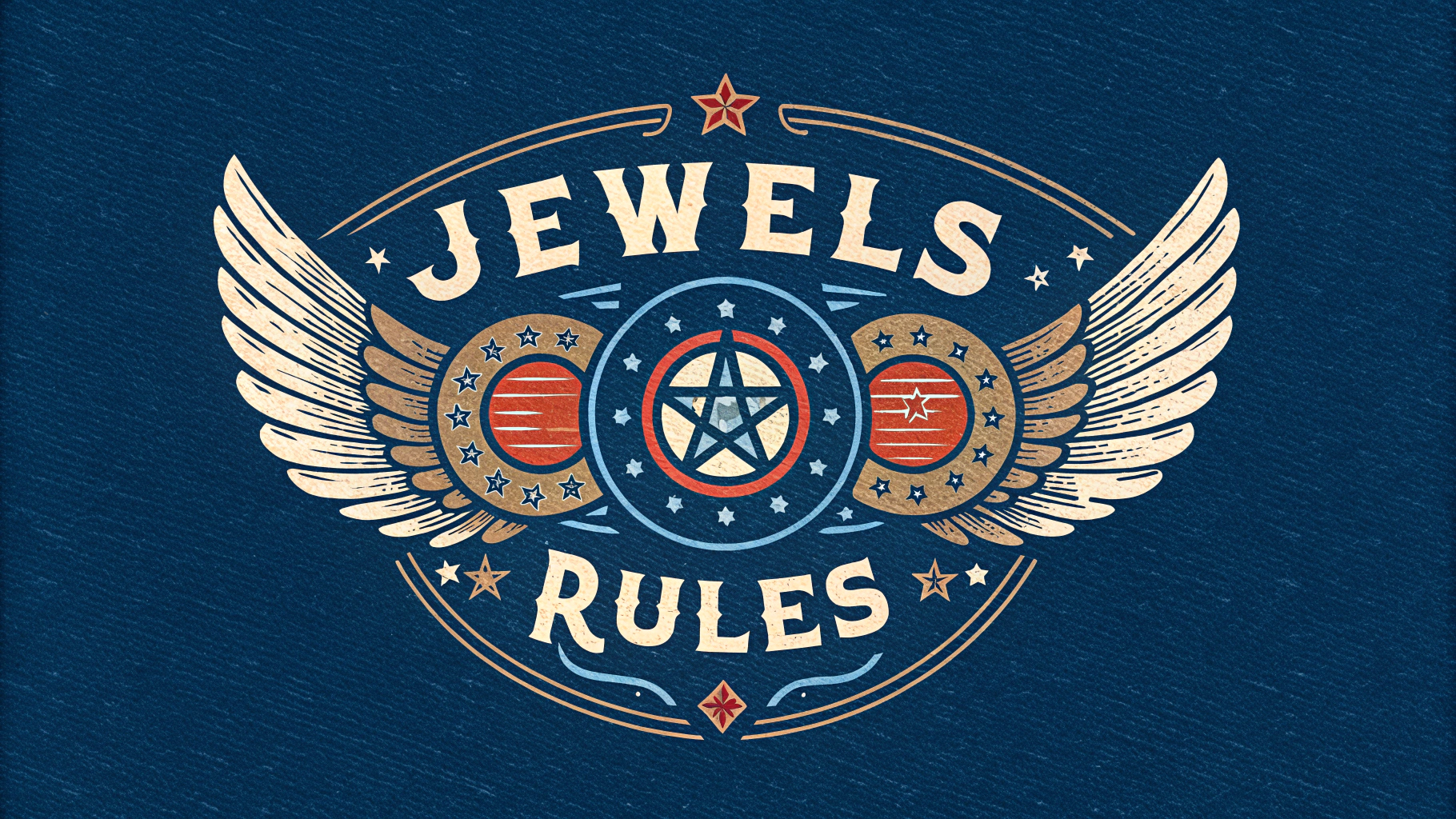 AI generated image by Red Panda AI: Band logo for the band, "Jewels Rules" on a shirt, Americana, blues, authentic, wood and leather, rock and roll, rockabilly,
