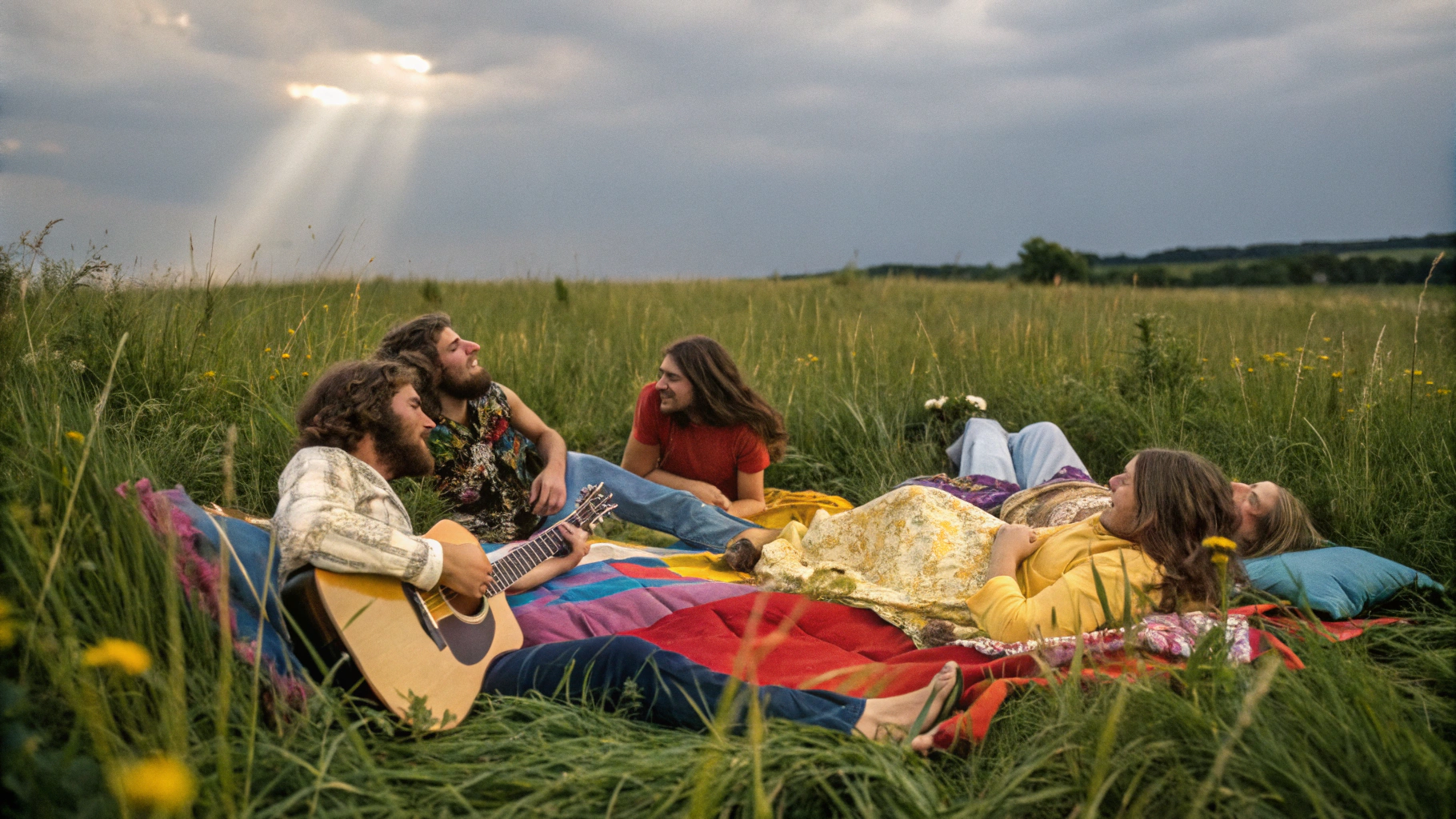 AI generated image by Red Panda AI: A group of new-age hippies relaxing in a field with tall and lush grass, summer of 1967