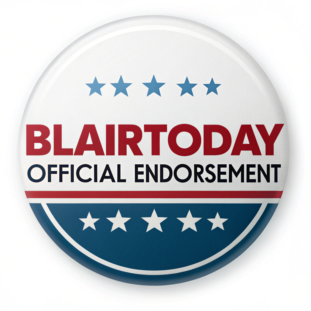 AI generated image by Red Panda AI: logo reads "BlairToday Official Endorsement" in a round, red white and blue logo, on a white background
