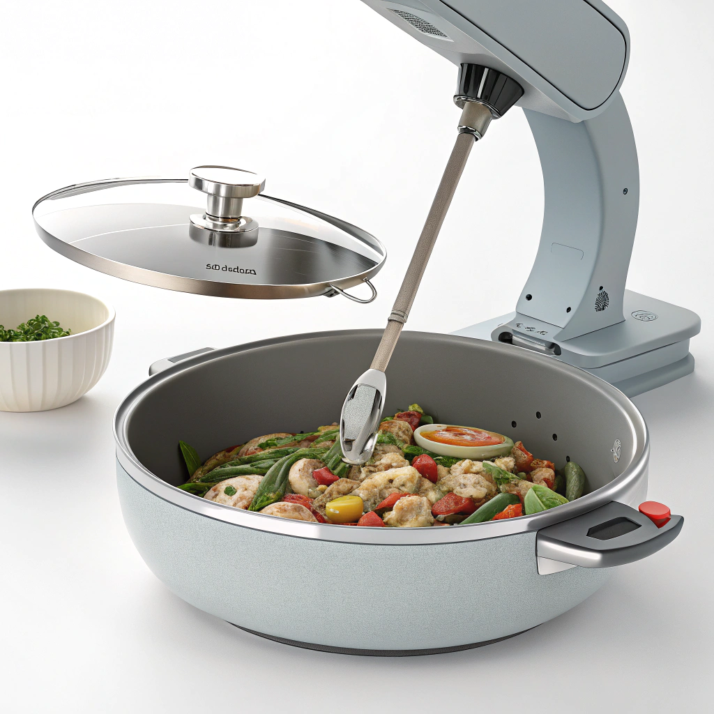 AI generated image by Red Panda AI: a futuristic pan. the pan is light and made of ecological materials. the pan is autonomous, it can read a recipe and adjust temerature and humidity. A futuristic spoon is integreated to the base of the pan. the pan can cook aliments without electricity or human intervention (excepet for putting aliments in it). the cover is suspended to a robot arm that is sealed to the pan. The pan is in a glossy grey, like a silver one. 