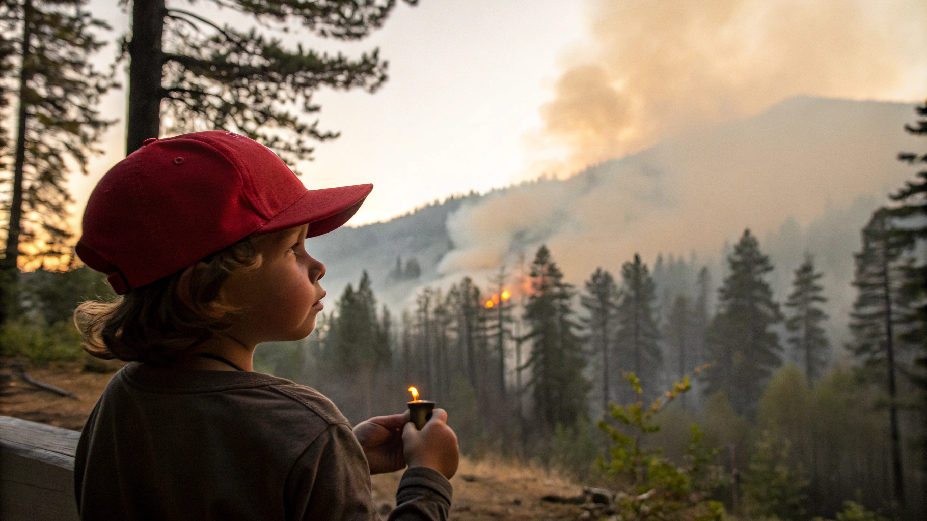 AI generated image by Red Panda AI: Jeune enfant de dos avec  une casquette rouge, tenant à la main un briquet et regardant une foret en flammes