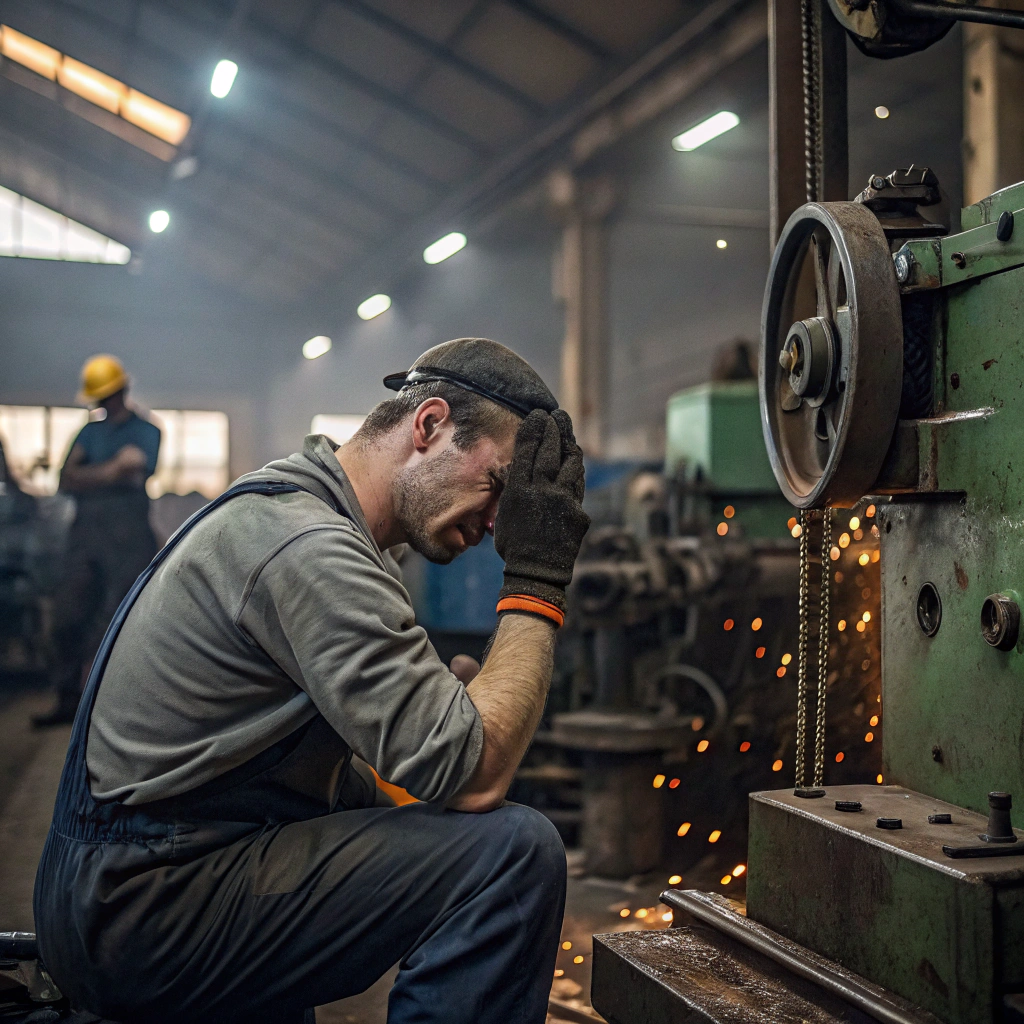 AI generated image by Red Panda AI: A worker in manufacturing gets his hand jammed in machinery