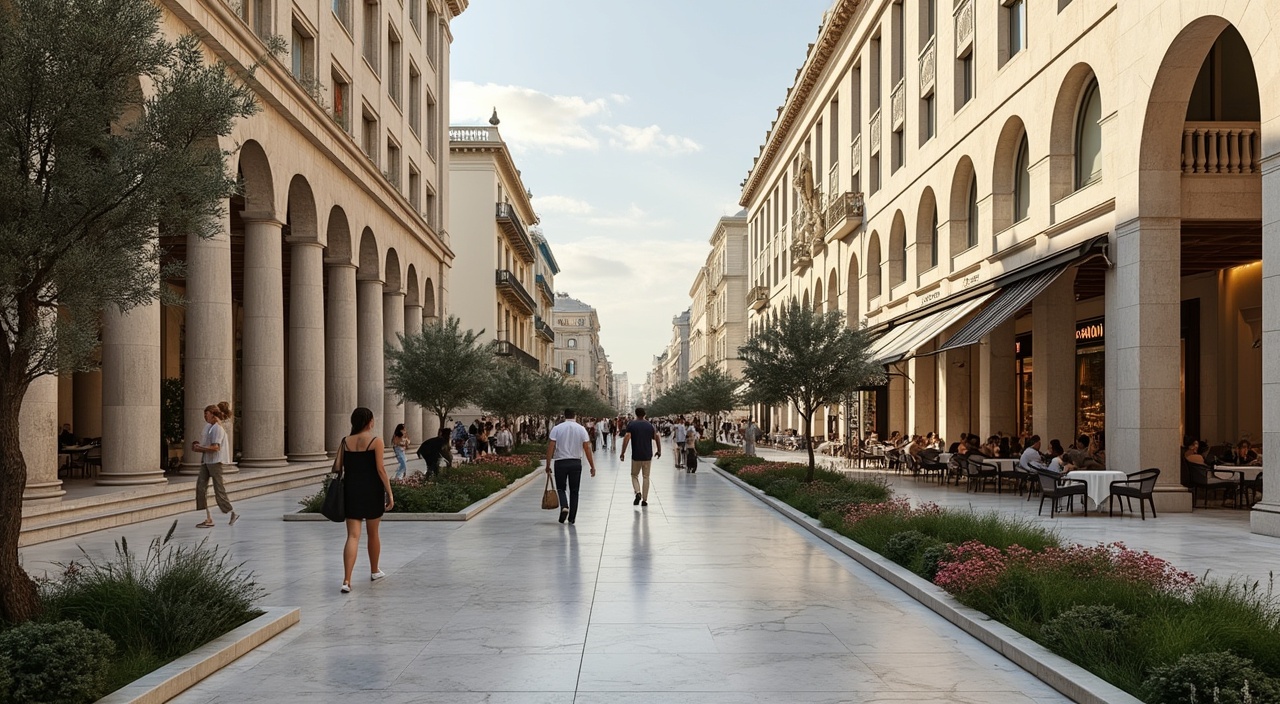 AI generated image by FLUX.1-pro: A modern Athens reimagined with wide boulevards, tall neoclassical buildings with arched windows, and rooftop gardens featuring olive trees and herbs. The city incorporates the ancient with the new, with columns, marble facades, and minimalistic, yet richly textured stone buildings. Mediterranean flora adorns pedestrian areas, while cafés and street vendors sell traditional Greek food and coffee.