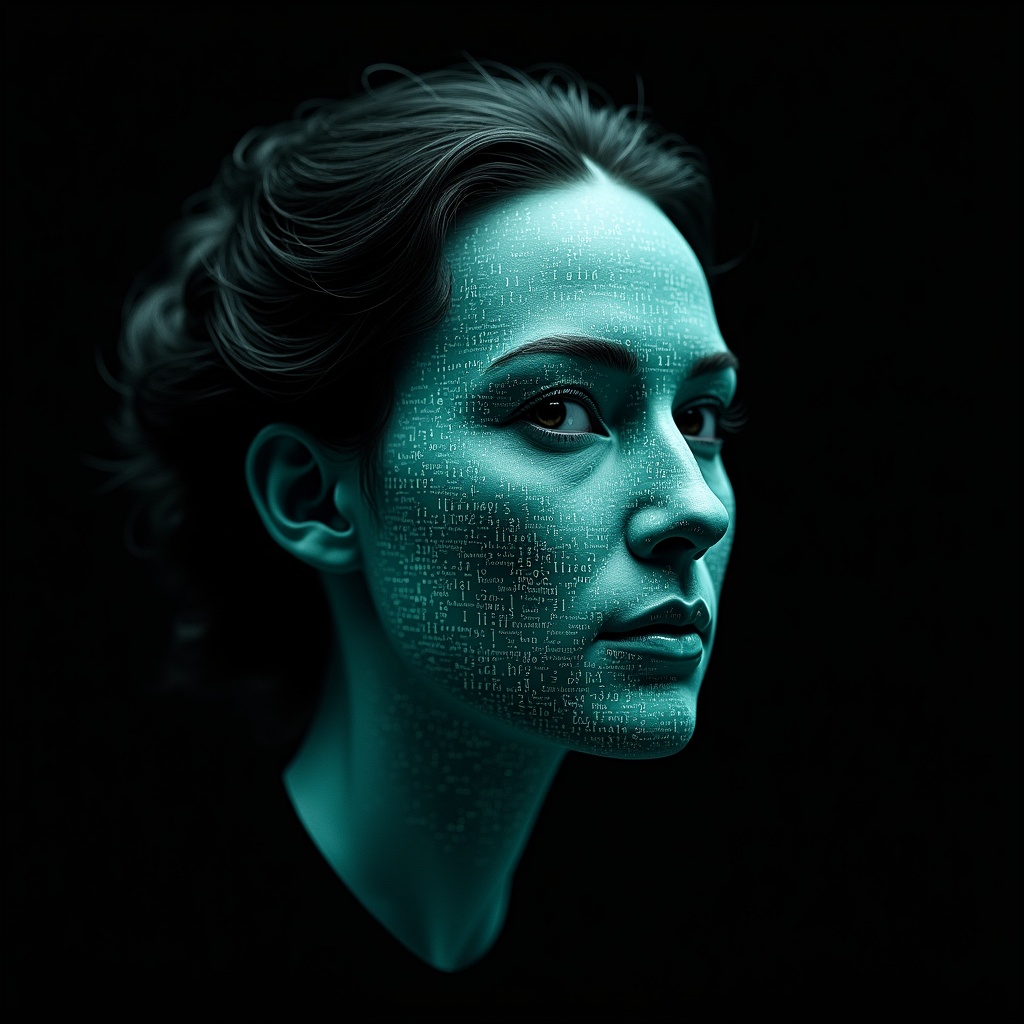 AI generated image by FLUX.1: Ada Lovelace's face as a digital mask made from thousands of turquoise numbers and formulas forming his face. the formulas and numbers fly behind the mask leaving a trail of complexity. the mask is floating dynamically in mid air. his head is turned to the right but his eyes are looking directly into the camera. the mask is on a black background.  like a png with black only background. photo realistic, sci-fi, human features hair