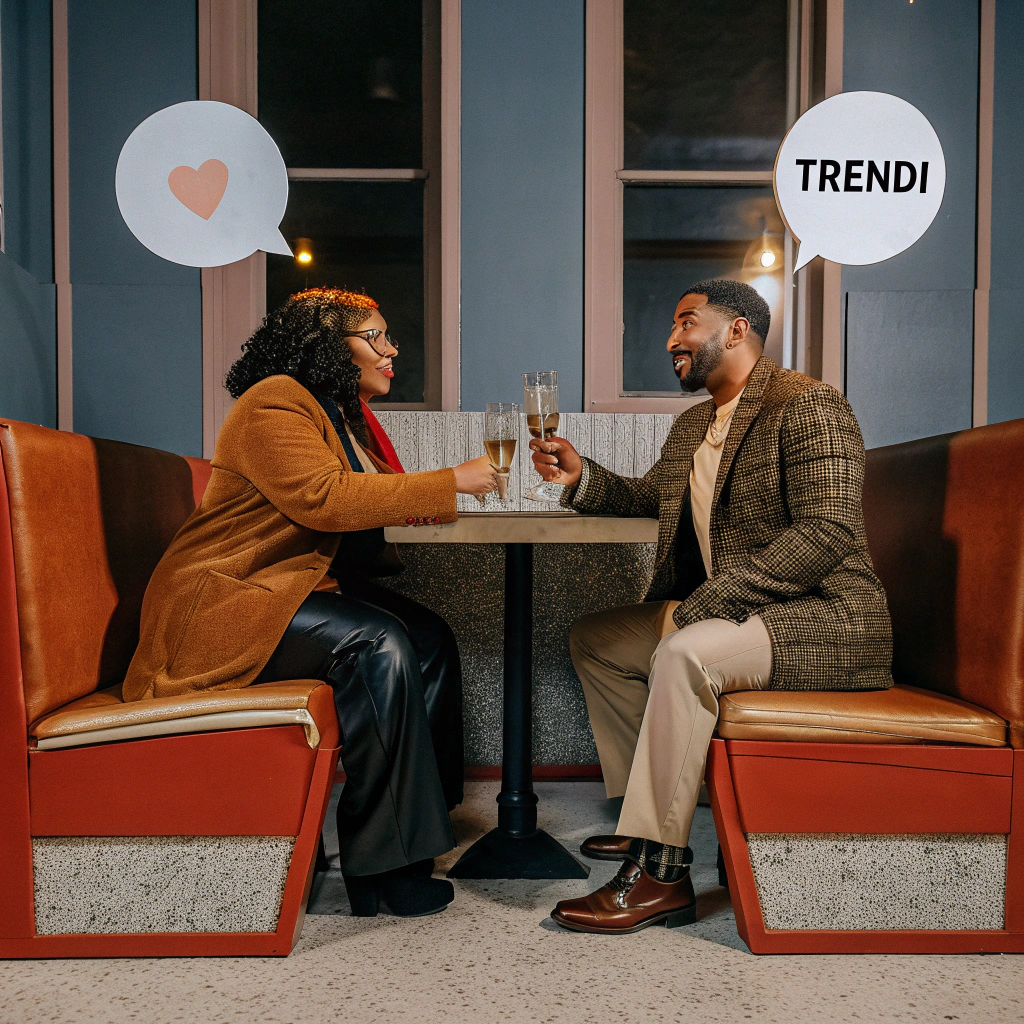 AI generated image by Red Panda AI: Create an image depicting a lively, modern dating scene inspired by pop art, featuring African-American men and women aged 30 to 55. Use Bold, comic style outline, vibrant colors, and exaggerate expressions. Includes scenarios, like two people, someone nervously swiping on a dating app, a romantic dinner day under neon lights, and a group of friends at Trendi bar, giving dating advice. I thought and speech bubbles with humor and relatable dating commentary to capture the essence of contemporary relationships.