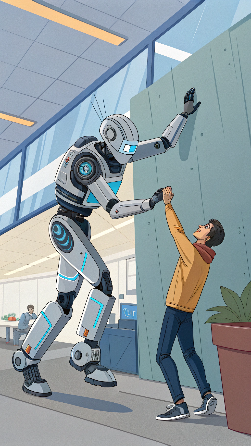 AI generated image by Red Panda AI: A robot named "PatternCast" stops someone from falling