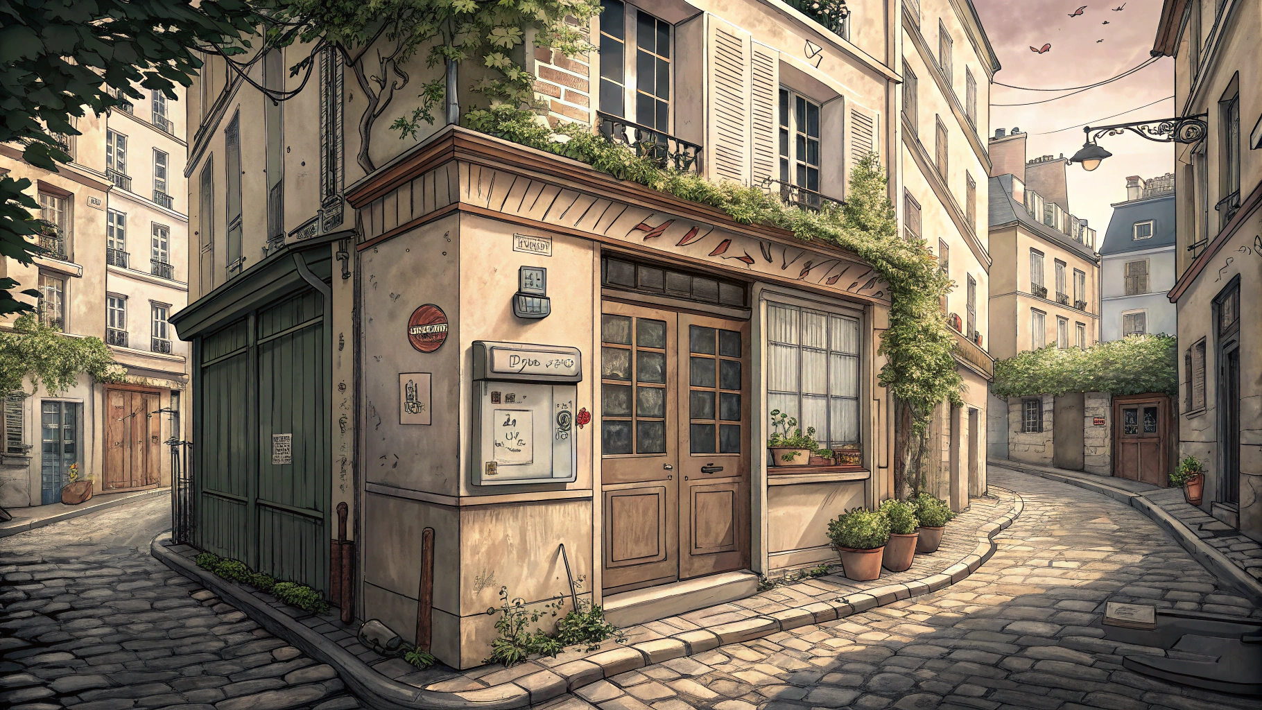 AI generated image by FLUX.1-schnell: In a Parisian alleyway, small old building with a large door and an intercom. Manga style.