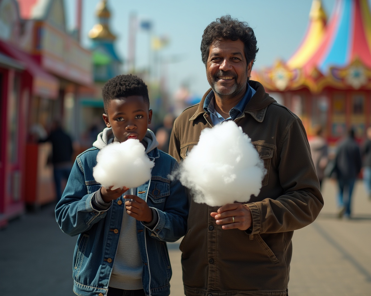AI generated image by FLUX.1-pro: Image Type: Realistic photograph
Main Subjects: Two people — a dark-skinned boy aged 7 and his father, 40 years old with dark hair — both eating from a white candyfloss at a funfair
Scene: It's midday in May and sunny
Composition: The two subjects are standing in the middle of the path; no other people are visible in the frame, only a slightly blurred funfair in the background
Time and Lighting: Sunny and chilly
Shot: Taken from the front using a Nikon Z8