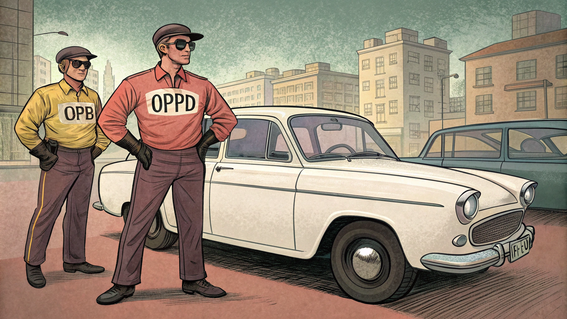 AI generated image by Red Panda AI: two mysterious and sketchy men are utility workers with shirts that say "OPPD", they stand next to a white sedan, 1950s comic book style
