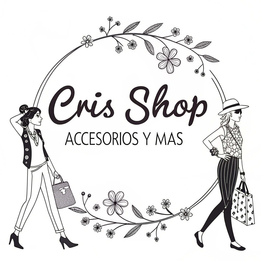 AI generated image by Red Panda AI: Hola, generame un logo real y bonito para una tienda virtual de moda que diga Cris SHOP accesorios y más y que tenga figuras de ropa, aretes, reloj y pulseras en blanco y negro 
