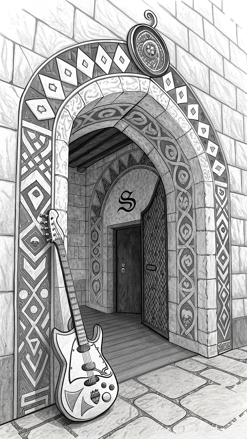 AI generated image by Red Panda AI: dibujo lineal de una entrada en forma de arco medieval con tribales en sus paredes, sin puerta, en el medio de la entrada un bajo electrico de cuatro cuerdas, inclinado, con letra S incrustada en el cuerpo del bajo, sin fondo en blanco y negro