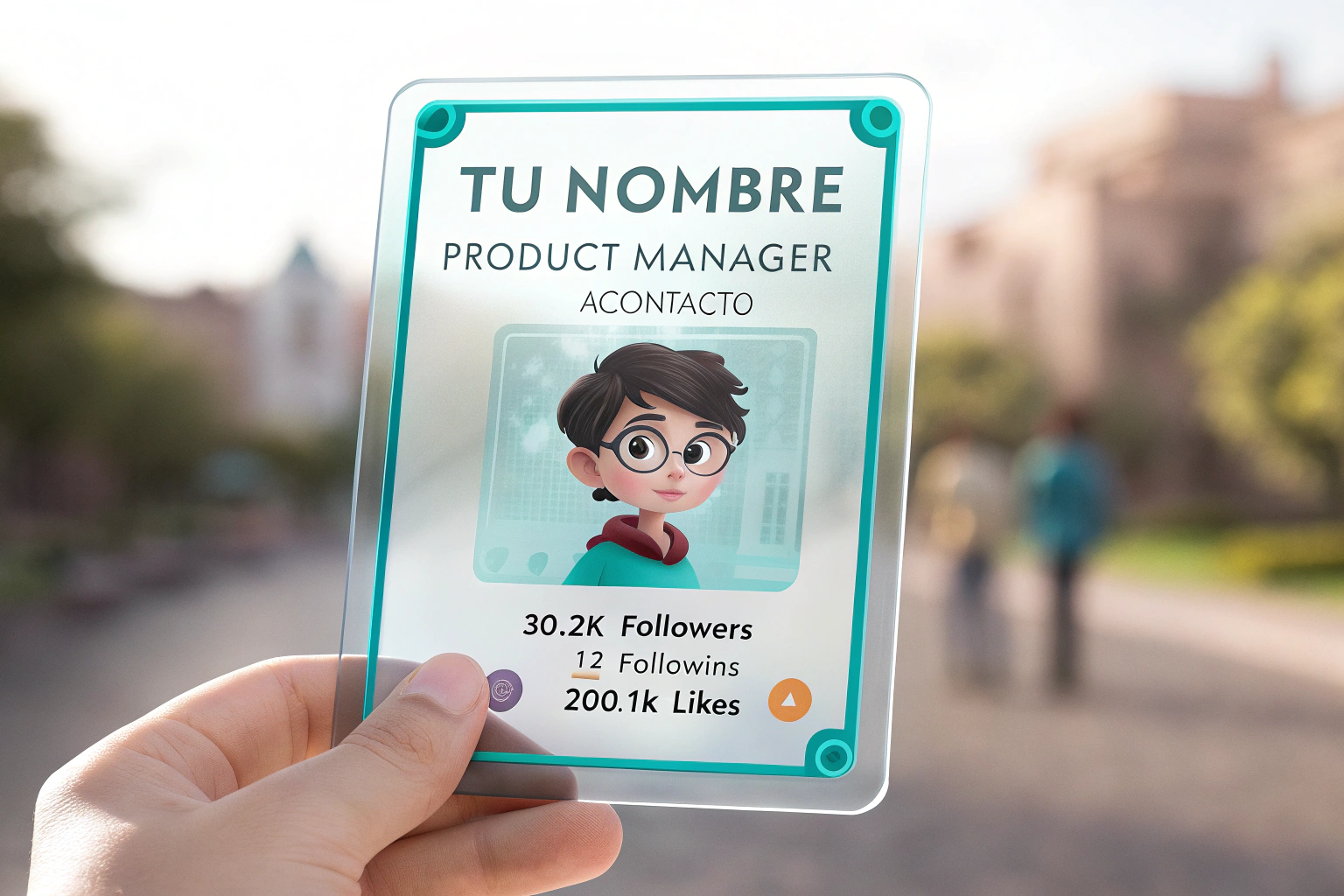 AI generated image by Red Panda AI: Crea 
"Una tarjeta de cristal transparente con bordes turquesa brillantes, mostrando el perfil de un niño estilo Disney Pixar . La tarjeta parece simular una interfaz de red social, mostrando el nombre 'Tu nombre, el título 'Product Manager' y el nombre de usuario '@contacto'. También muestra estadísticas como '30.2k Seguidores', '12 Siguiendo' y '200.1k Me gusta'. La tarjeta está siendo sostenida por una mano, con un fondo borroso."
