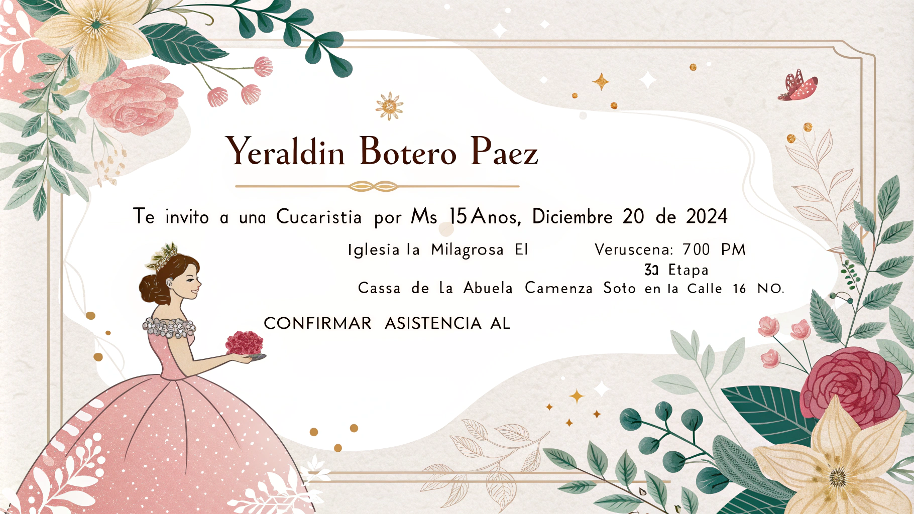 AI generated image by Red Panda AI: Eres un experto diseñador gráfico, realiza una tarjeta para una quinceañera, con la siguiente información: Yeraldin Botero Páez. Te invito a una Eucaristia por mis 15 años, Diciembre 20 de 2024, Iglesia la Milagrosa a las 6:00 pm. Cena: 7:00 pm. Casa de la abuela Carmenza Soto en la calle 16 No. 16-30 en el Barrio Venus 3ra Etapa. Confirmar asistencia al celular: 3205102808