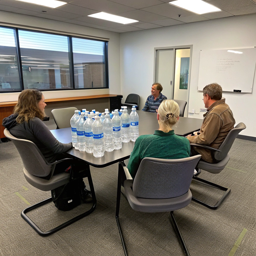 AI generated image by Red Panda AI: people in a meeting room with plastic bottles in the middle