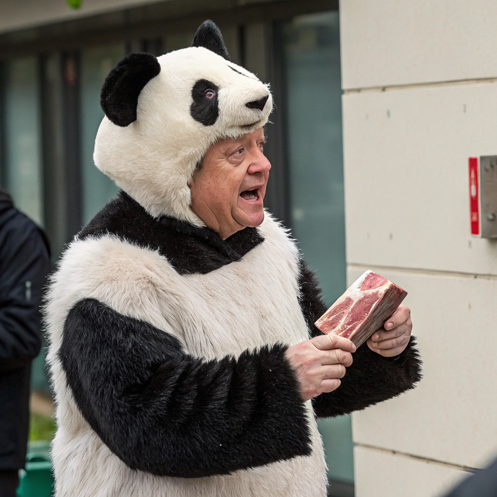 AI generated image by Red Panda AI: John pork in costume of panda
