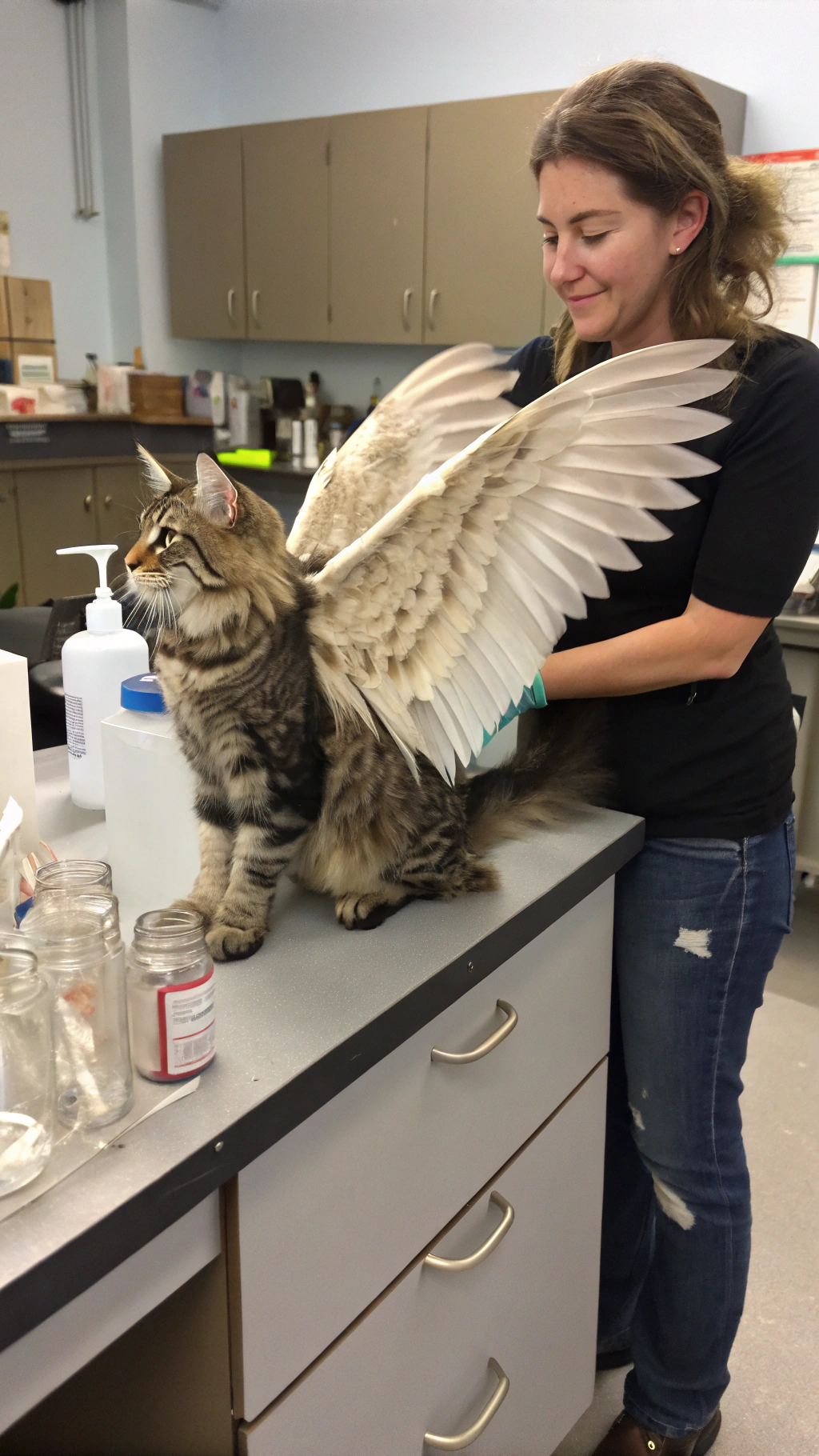 AI generated image by Red Panda AI: In the laboratory. A woman holding a Maine Coon cat with huge wings
