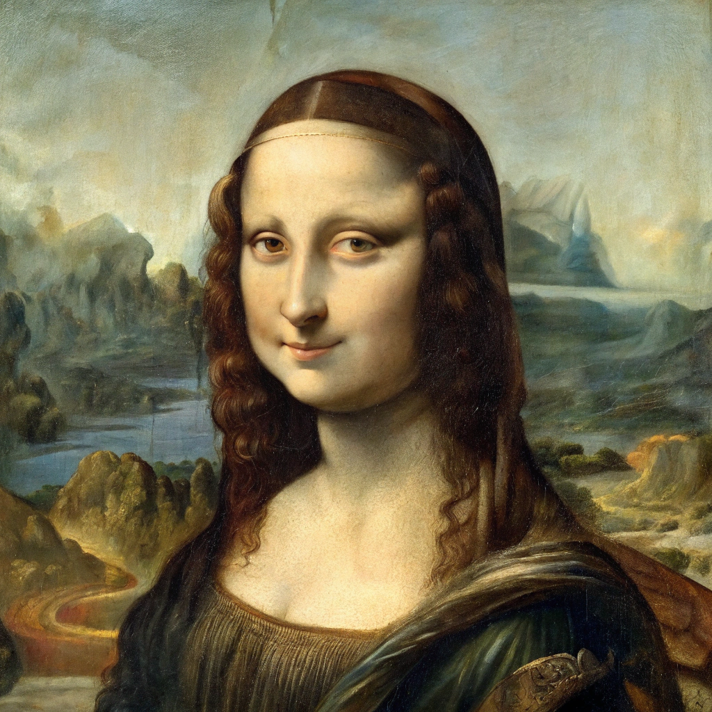 AI generated image by FLUX.1-schnell: Mona Lisa, woman, smiling, oil painting, Leonardo da Vinci, 4k