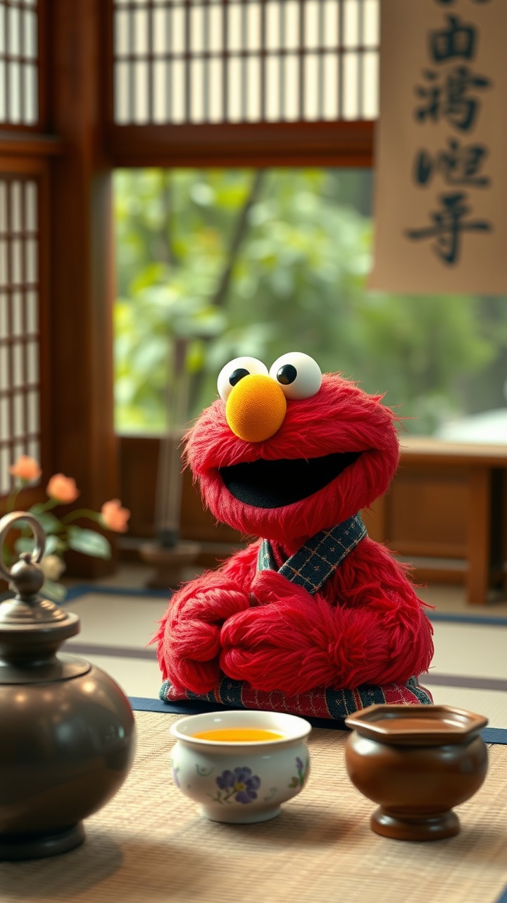 AI generated image by FLUX.1-schnell: portrait of Elmo from Sesame Street, in a tea ceremony in Japan