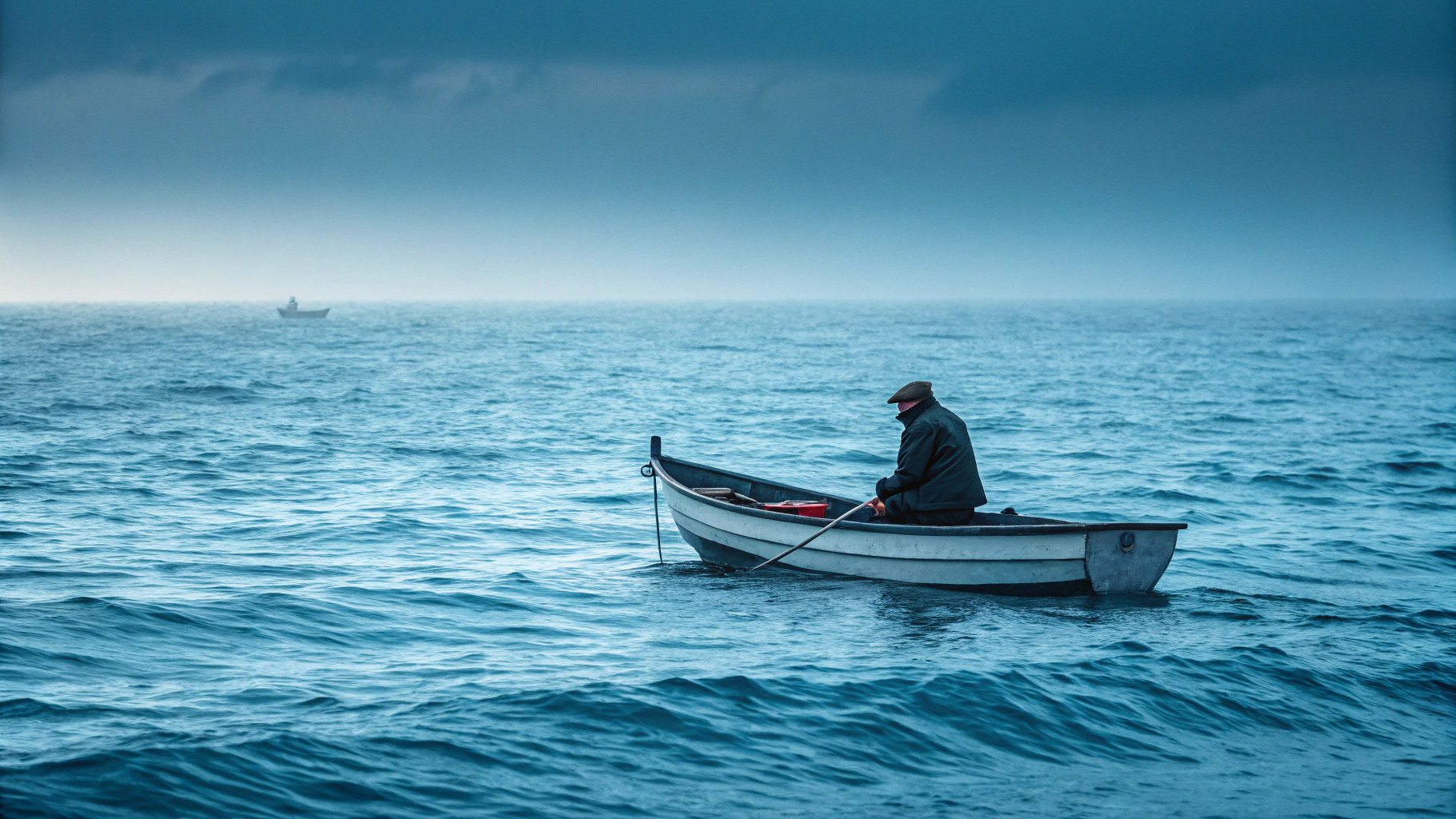 AI generated image by Red Panda AI: Um pescador solitário em um barco simples no meio de um vasto oceano azul, cercado por ferramentas de pesca modernas, mas olhando para o horizonte sem direção. O cenário deve transmitir um sentimento de incerteza e vastidão, com tons de azul e cinza.