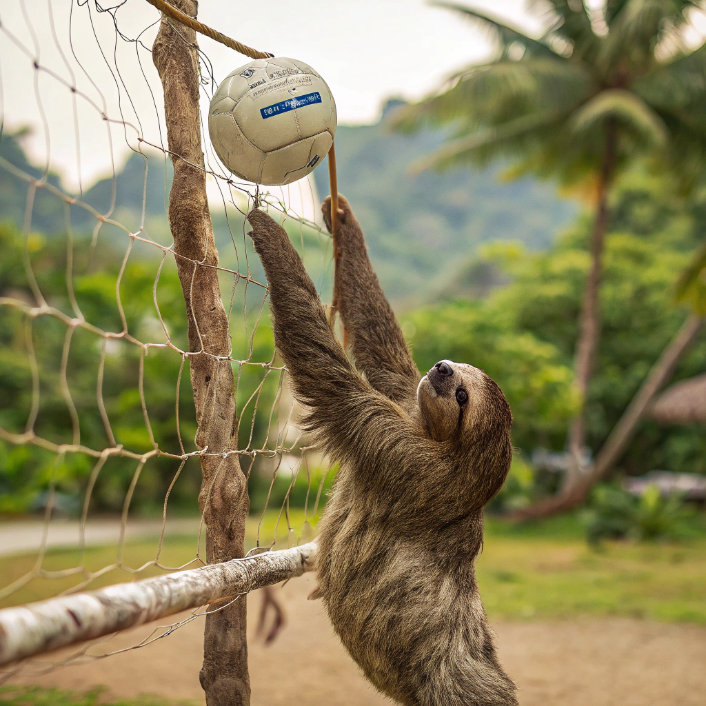 AI generated image by Red Panda AI: perezoso jugando al volleyball